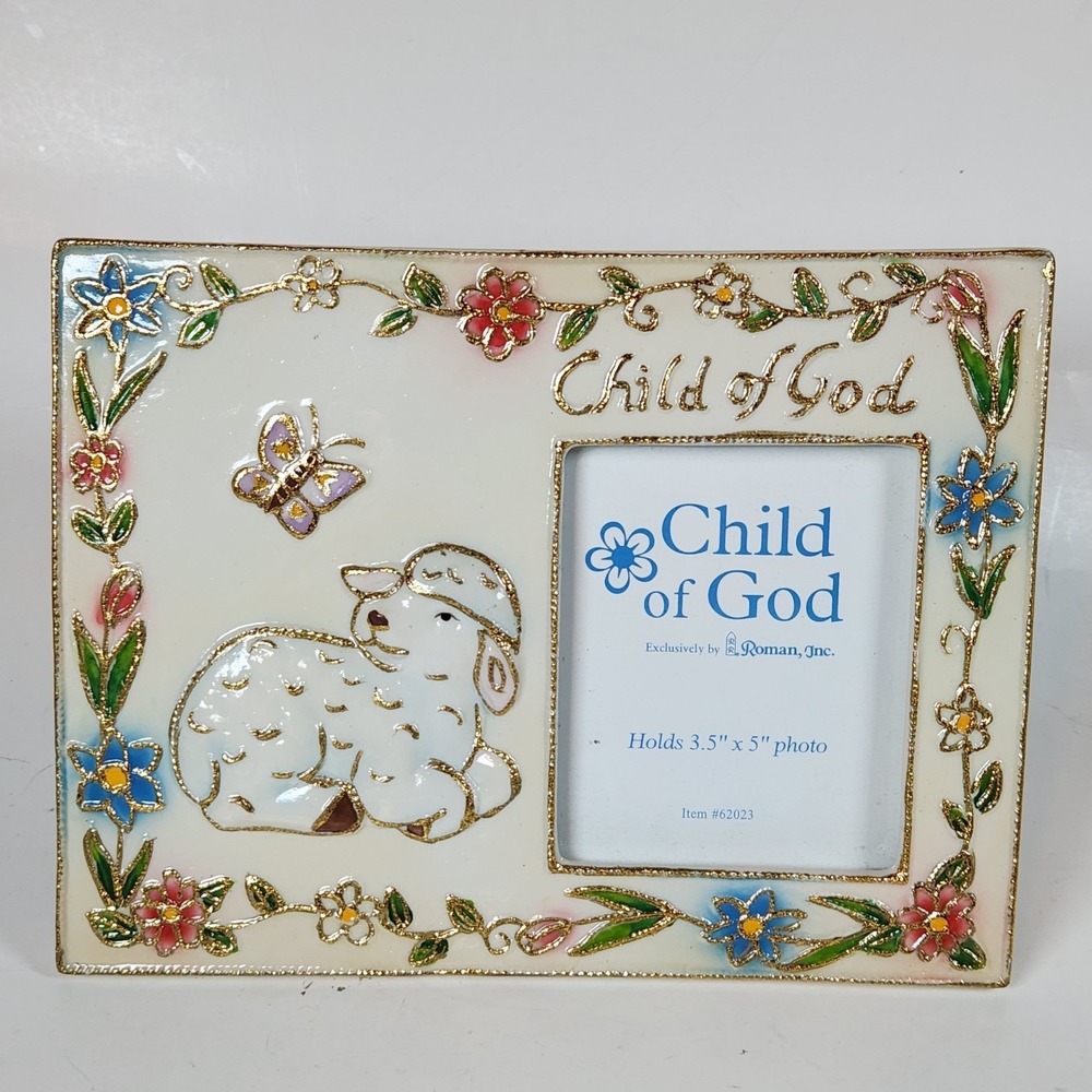 Enamel Child Of God Picture Frame Floral‎ Lamb  3.5x5 Photo Baby Nursery Retro